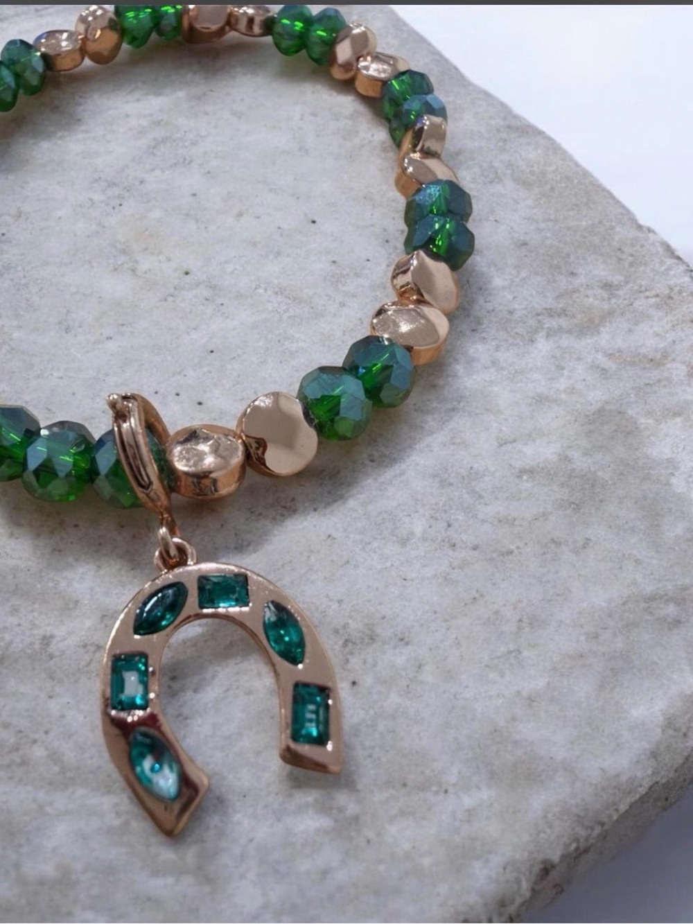 Gold-Tone Bracelet with Emerald Green Beads and Horseshoe Charm